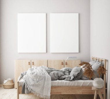 Modern yatak odası iç plan, oturma odası, İskandinav tarzı, 3 boyutlu resim, 3 boyutlu resim.