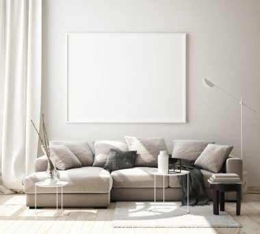 Modern iç plan, oturma odası, İskandinav tarzı, 3D çizim, 3D resim