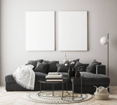 Modern iç plan, oturma odası, İskandinav tarzı, 3D çizim, 3D resim