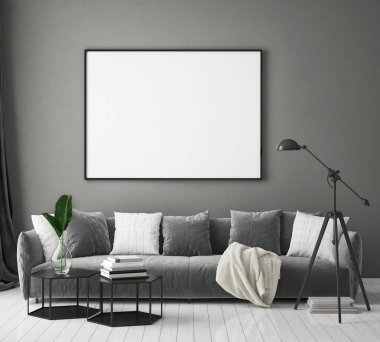 Modern iç plan, oturma odası, İskandinav tarzı, 3D çizim, 3D resim