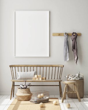 poster çerçevesi çocuk yatak odası, İskandinav tarzı iç arka plan, 3d render, 3d çizim kadar alay