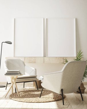 Modern iç plan, oturma odası, İskandinav tarzı, 3D çizim, 3D resim