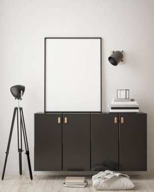 Modern iç plan, oturma odası, İskandinav tarzı, 3D çizim, 3D resim