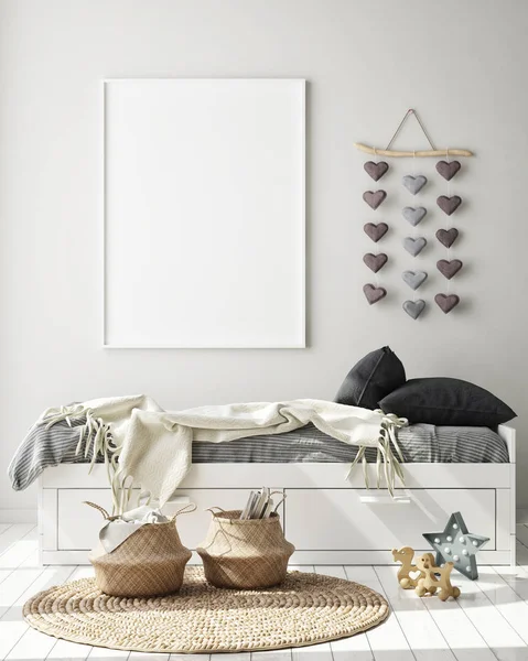Mock Poster Frame Children Bedroom Scandinavian Style Interior Background Render — Stock Photo, Image