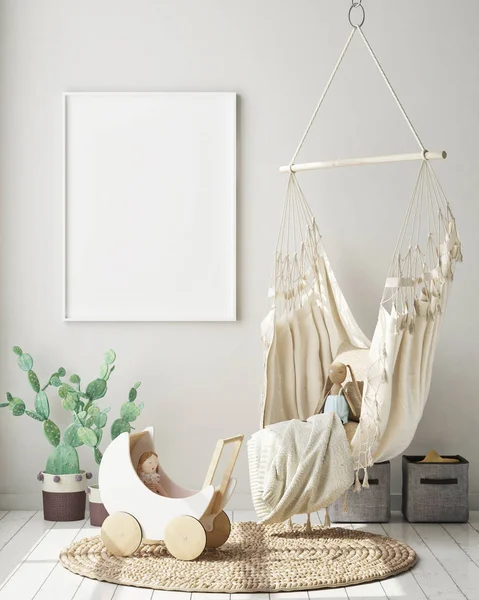 poster çerçevesi çocuk yatak odası, İskandinav tarzı iç arka plan, 3d render, 3d çizim kadar alay