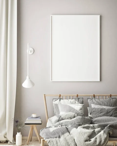 Mock Poster Frame Modern Bedroom Interior Background Living Room Scandinavian — Stock Photo, Image