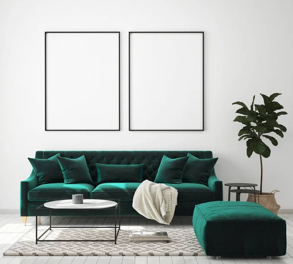 Mock Poster Frame Modern Interior Latar Belakang Ruang Tamu Skandinavia — Stok Foto