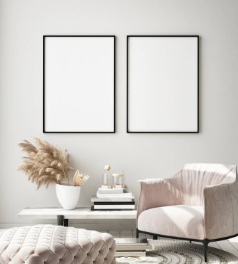 Modern iç plan, oturma odası, İskandinav tarzı, 3D çizim, 3D resim