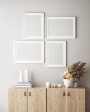 Modern iç plan, oturma odası, İskandinav tarzı, 3D çizim, 3D resim