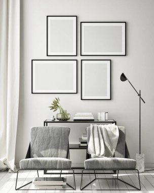 Modern iç plan, oturma odası, İskandinav tarzı, 3D çizim, 3D resim