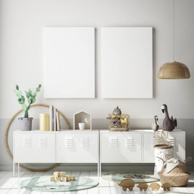 poster çerçevesi çocuk yatak odası, İskandinav tarzı iç arka plan, 3d render, 3d çizim kadar alay