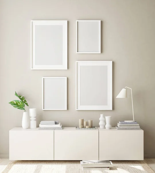 Model Poster Frame Moderne Interieur Achtergrond Woonkamer Scandinavische Stijl Render — Stockfoto