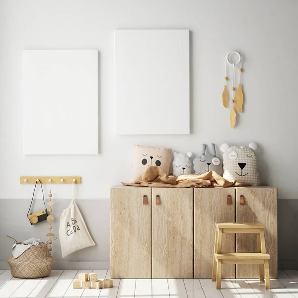 Mock Poster Frame Children Bedroom Scandinavian Style Interior Background Render — Stock Photo, Image