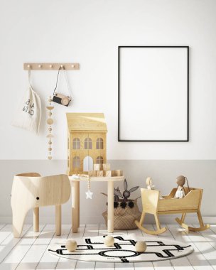 poster çerçevesi çocuk yatak odası, İskandinav tarzı iç arka plan, 3d render, 3d çizim kadar alay