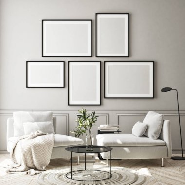 Modern iç plan, oturma odası, İskandinav tarzı, 3D çizim, 3D resim