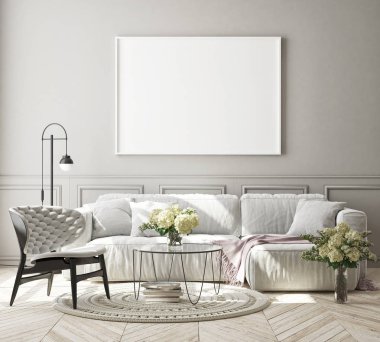 Modern iç plan, oturma odası, İskandinav tarzı, 3D çizim, 3D resim