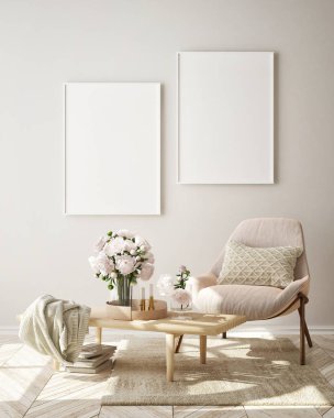 Modern iç plan, oturma odası, İskandinav tarzı, 3D çizim, 3D resim