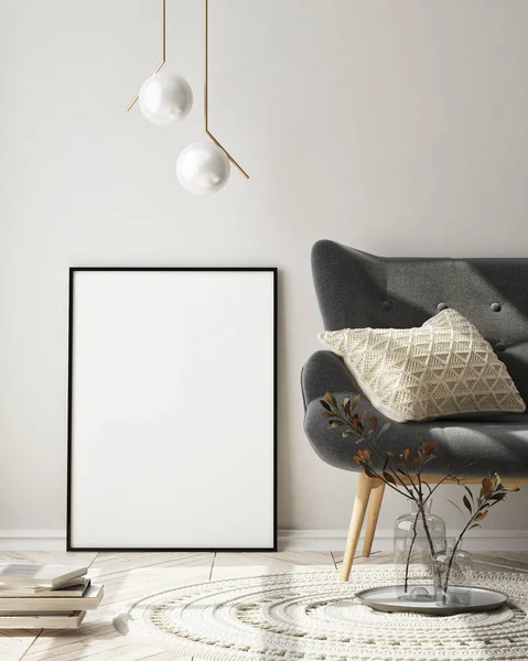 Model Poster Frame Moderne Interieur Achtergrond Woonkamer Scandinavische Stijl Render — Stockfoto