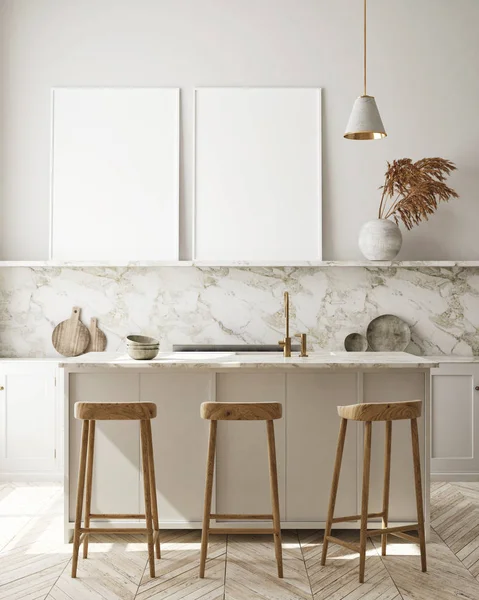 Mock Posterrahmen Modernen Küche Interieur Hintergrund Wohnzimmer Skandinavischen Stil Render — Stockfoto