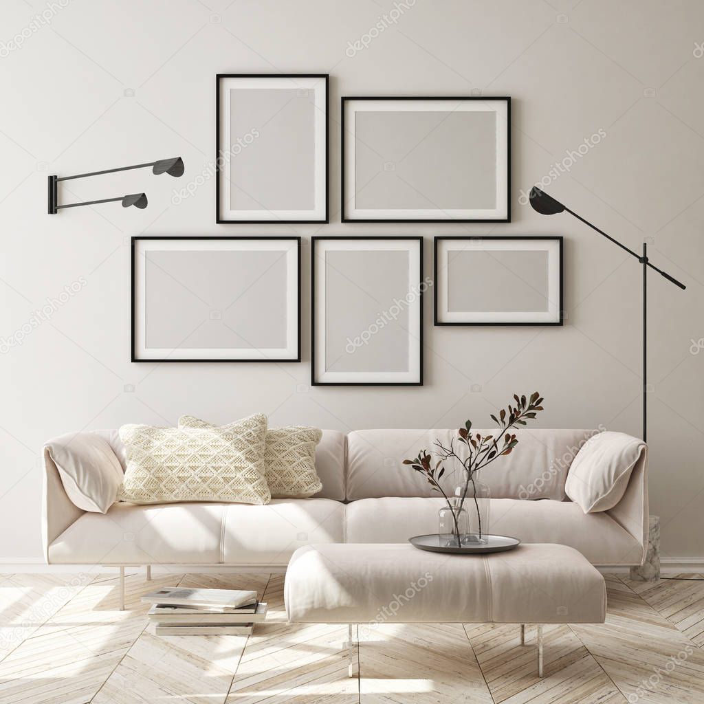 mock up poster frame in modern interior background, living room, Scandinavian style, 3D render, 3D illustration