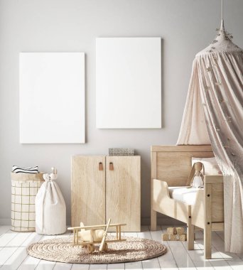 poster çerçevesi çocuk yatak odası, İskandinav tarzı iç arka plan, 3d render, 3d çizim kadar alay