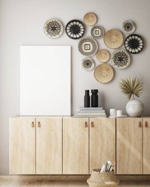 Modern iç plan, oturma odası, İskandinav tarzı, 3D çizim, 3D resim