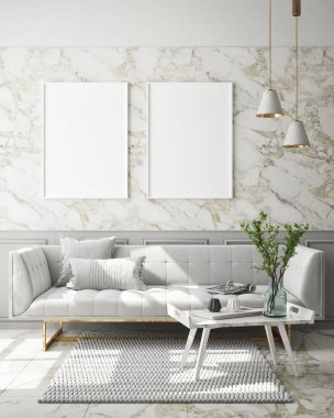 Modern iç plan, oturma odası, İskandinav tarzı, 3D çizim, 3D resim