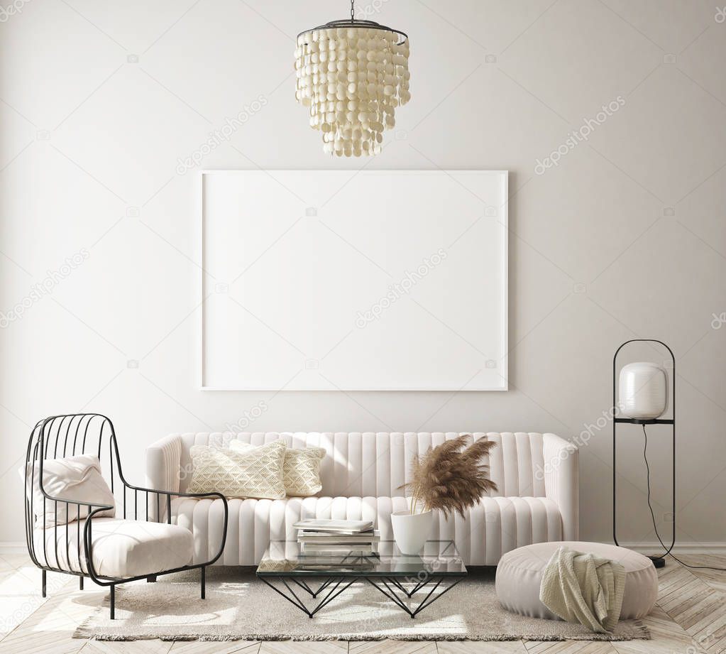 mock up poster frame in modern interior background, living room, Scandinavian style, 3D render, 3D illustration