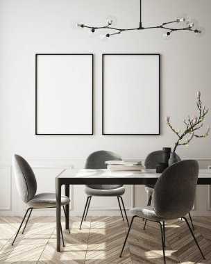 Modern iç plan, oturma odası, İskandinav tarzı, 3D çizim, 3D resim