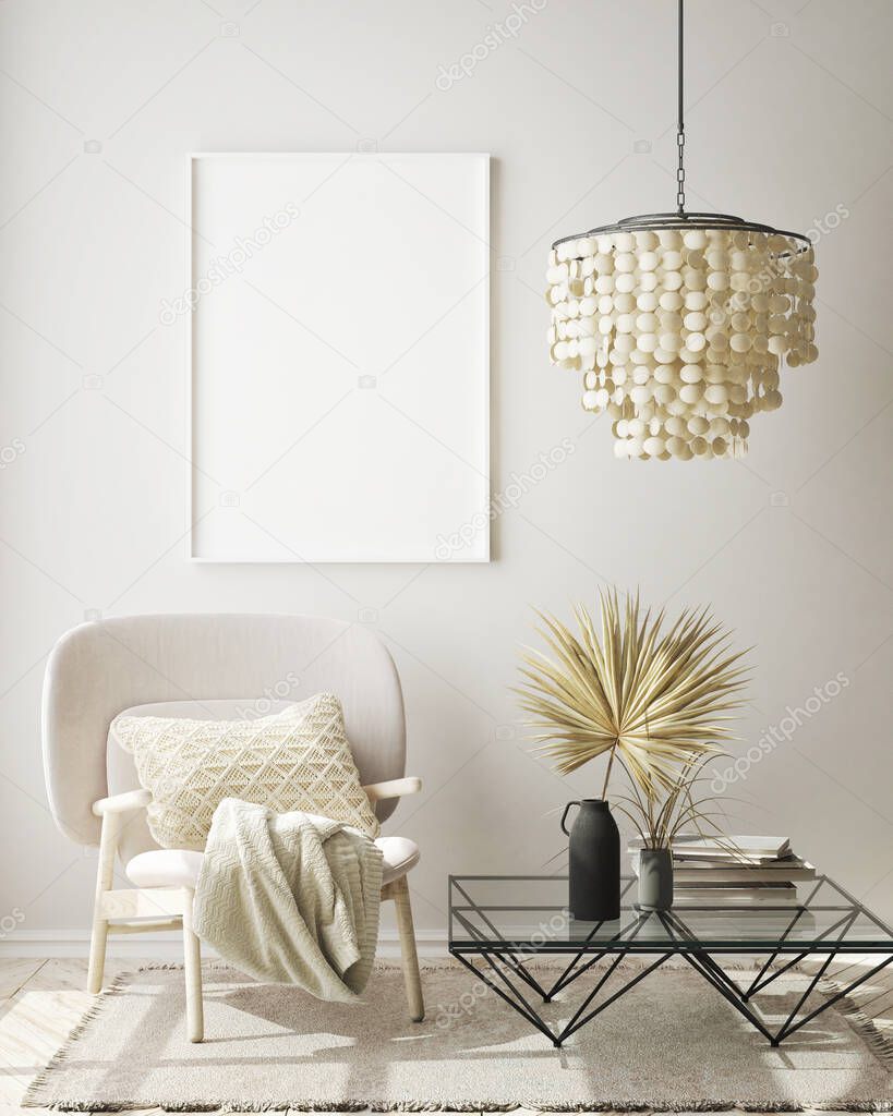 mock up poster frame in modern interior background, living room, Scandinavian style, 3D render, 3D illustration