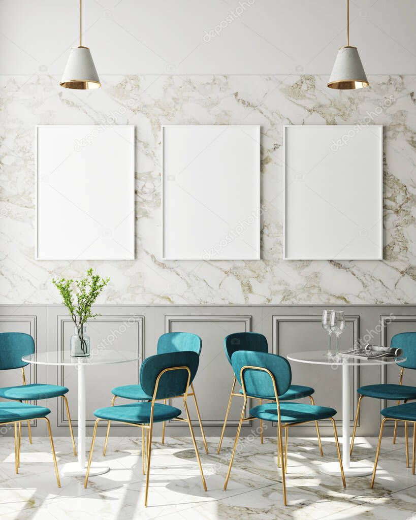 mock up poster frame in modern interior background, cafe, restaurant, 3D render, 3D illustration