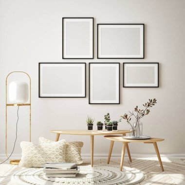 Modern iç plan, oturma odası, İskandinav tarzı, 3D çizim, 3D resim