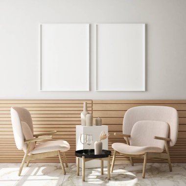 Modern iç plan, oturma odası, İskandinav tarzı, 3D çizim, 3D resim