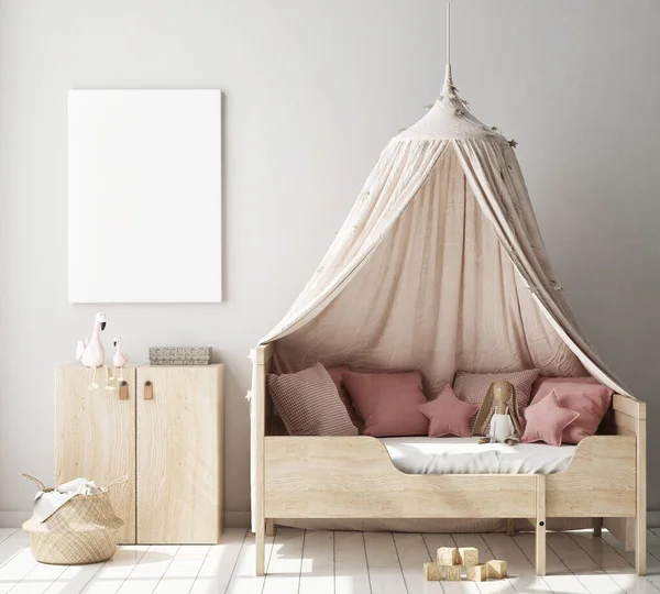 Mock Poster Frame Children Bedroom Scandinavian Style Interior Background Render — Stock Photo, Image