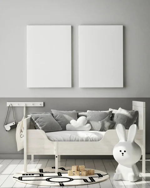 mock up poster frame in children bedroom, Scandinavian style interior background, 3D render, 3D illustration