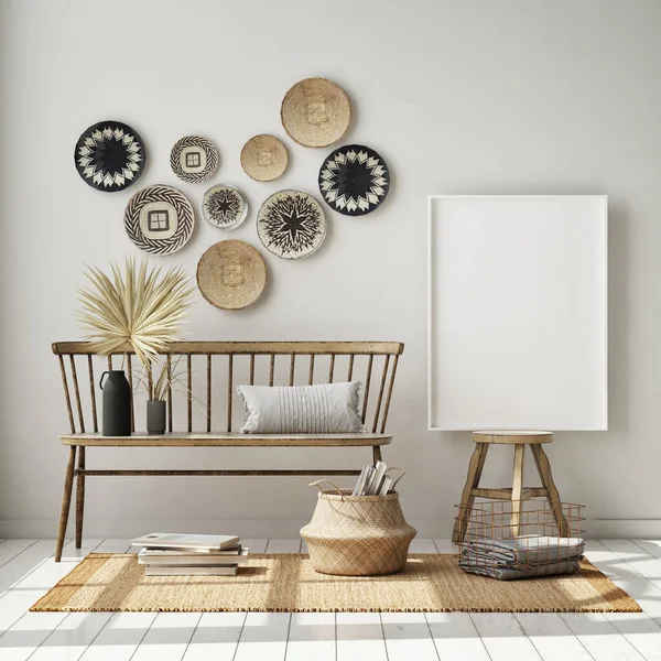 Model Poster Frame Moderne Interieur Achtergrond Woonkamer Scandinavische Stijl Render — Stockfoto