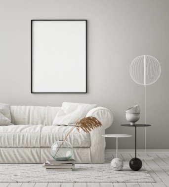 Modern iç plan, oturma odası, İskandinav tarzı, 3D çizim, 3D resim