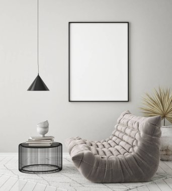 Modern iç plan, oturma odası, İskandinav tarzı, 3D çizim, 3D resim