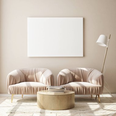 Modern iç plan, oturma odası, İskandinav tarzı, 3D çizim, 3D resim