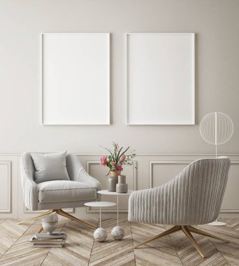 Modern iç plan, oturma odası, İskandinav tarzı, 3D çizim, 3D resim