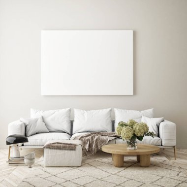 Modern iç plan, oturma odası, İskandinav tarzı, 3D çizim, 3D resim