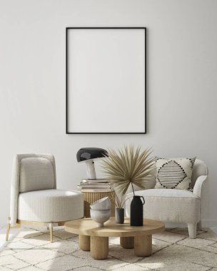 Modern iç plan, oturma odası, İskandinav tarzı, 3D çizim, 3D resim