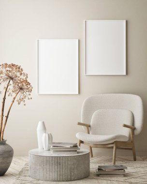 Modern iç plan, oturma odası, İskandinav tarzı, 3D çizim, 3D resim