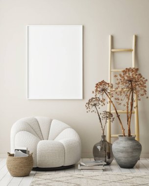 Modern iç plan, oturma odası, İskandinav tarzı, 3D çizim, 3D resim