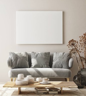 Modern iç plan, oturma odası, İskandinav tarzı, 3D çizim, 3D resim