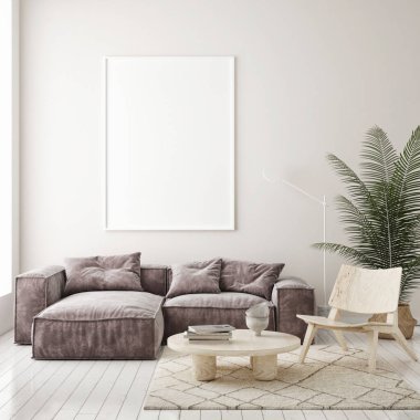 Modern iç plan, oturma odası, İskandinav tarzı, 3D çizim, 3D resim