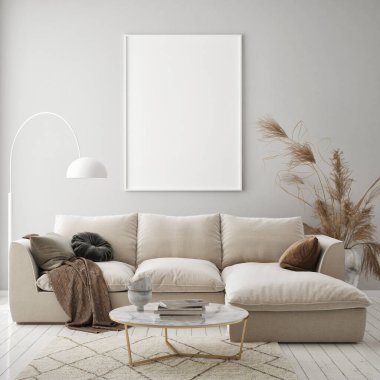 Modern iç plan, oturma odası, İskandinav tarzı, 3D çizim, 3D resim