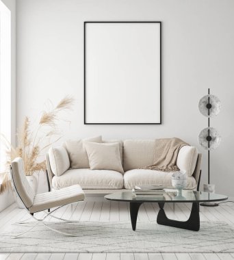 Modern iç plan, oturma odası, İskandinav tarzı, 3D çizim, 3D resim