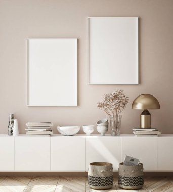 Modern iç plan, oturma odası, İskandinav tarzı, 3D çizim, 3D resim