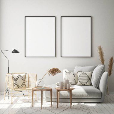 Modern iç plan, oturma odası, İskandinav tarzı, 3D çizim, 3D resim